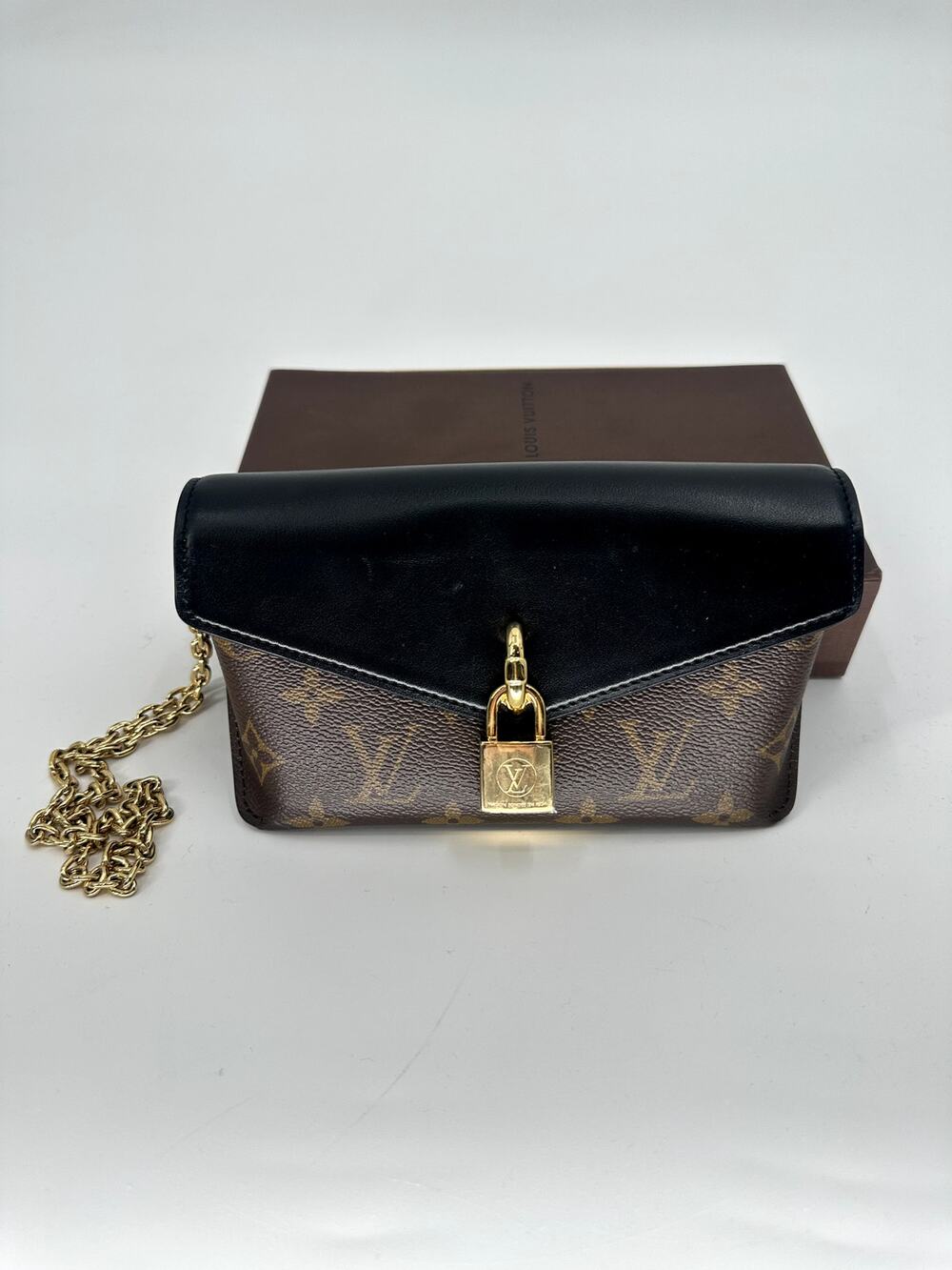 Louis Vuitton Monogram Padlock On Strap Chain Shoulder Bag Black Brown Women OS